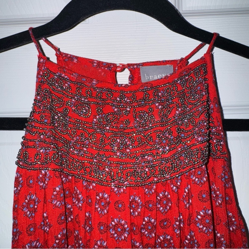 Braeve Red Medallion Print Beaded Halter Mini Dress Womens Small Boho Ruffle Hem - Picture 2 of 4